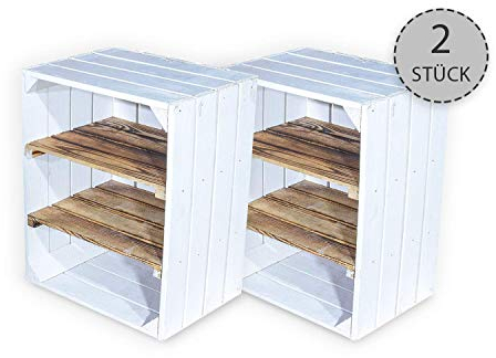 Vintage -Möbel24 - Juego de 2 cajas de fruta blancas con tabla intermedia transversal – Cajas de madera como zapatero – Shabby Chic – 50 x 30 x 40 cm