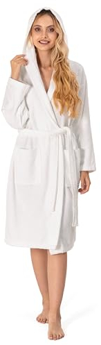 Bademantel Damen - 100% Baumwolle (350g/m²) OEKO-TEX® Zertifiziert - Morgenmantel Damen mit Kapuze, 2 Taschen, Gürtel - Weiß - L