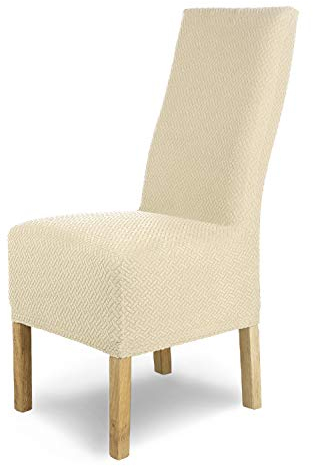 SCHEFFLER-Home Stuhlhussen Stretch Luna-Lang/Stuhlüberzug 6er Set Creme/elastische Flanell Stuhlabdeckungen/Stuhlhussen Schwingstühle/Spann-Bezug Stuhl Überwurf als eleganter Schonbezug
