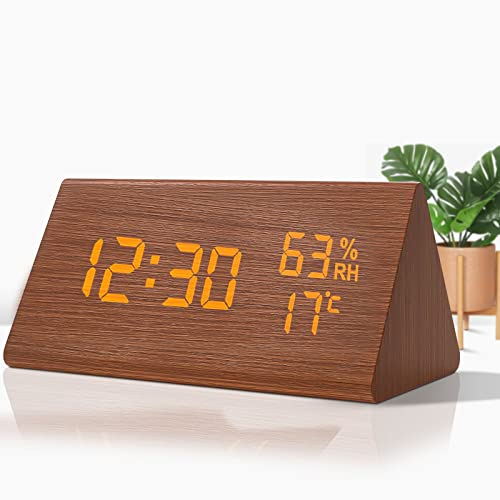 Wecker Digitaler Wecker Uhr Holz, Holzoptik Wecker Tischuhr mit Sprachsteuerung/Datum/Innentemperatur und Luftfeuchtigkeit, 3 einstellbare Alarmgruppe, für Zuhause, Kinder, und Büro (Braun)