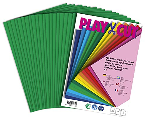 PLAY-CUT Fotokarton A4 Set Grasgrün (300g/m2) | 20 Bogen Din A4 Foto Karton Bunt | Dickes Foto Papier | Premium Druckerpapier Dicke Stärke | Karton zum Basteln Drucken