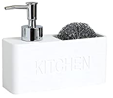 Distributeur de savon avec porte-éponge, motif marbre noir, pour l’étagère de cuisine, l’évier, le rangement, l’ordre et la décoration de cuisine, blanc