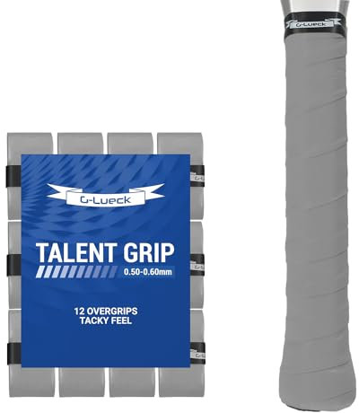 G-Lueck 12er Set Tennis Griffband TALENT GRIP | 0,60mm Stärke | Overgrip für Squash Badminton Schläger & Kicker inkl. selbstklebendes Abschlußband | sehr griffig, Anti-Rutsch (Grau)