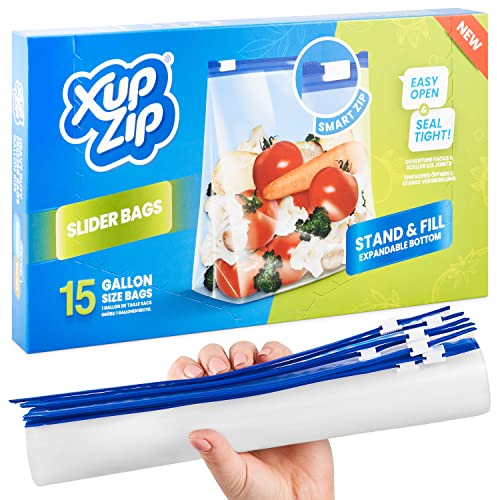 Premium Food Storage Freezer Bags by XupZip™ | Stand Up Smart Zip Slider, Reusable, Heavy-Duty Plastic | Airtight and Leakproof Smart Zip Seal | BPA Free… (One Gallon / 4.55L - 15 Bags)