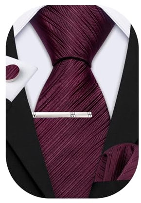 Barry.Wang Herren-Krawatten-Set, seidige Farbe, Paisleymuster, modisch, Krawatte, Einstecktuch, Manschettenknöpfe, Clip, 4-teiliges Set, formelle Blumen, Dunkles Weinrot gestreift, Einheitsgröße