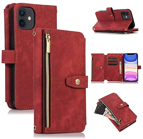 ZCDAYE Hülle für iPhone 11 mit Kartenhalter Geldbörse, Leder iPhone 11 Handyhülle Handytasche Schutzhülle für iPhone 11 (6.1 inches), Rot