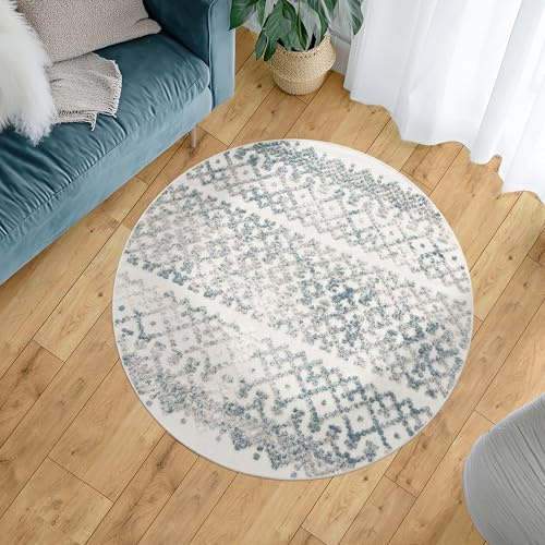 Paco Home Outdoor Teppich Wetterfest Wohnzimmer Boho Balkon Küche Skandinavisch 3D Effekt Geometrisches Muster Türkis Creme, Grösse:160 cm Rund