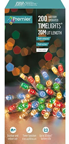 Premier 200 Timelights Battery Operated 20m Clear Cable Multi Action String Lights - Multi-Coloured
