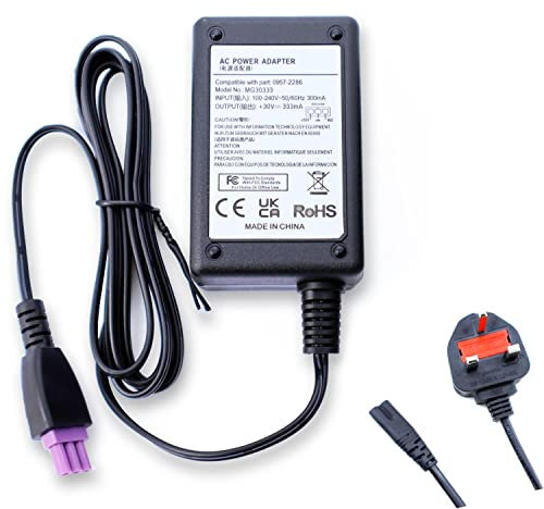 UK PLUG 30v Ac Adapter Charger Power Cable Supply compatible with HP Officejet J110 J510K J611,Deskjet 1000 2516 3055A Printer Replaces Original 0957-2286, 0957-2290, 0957-2398