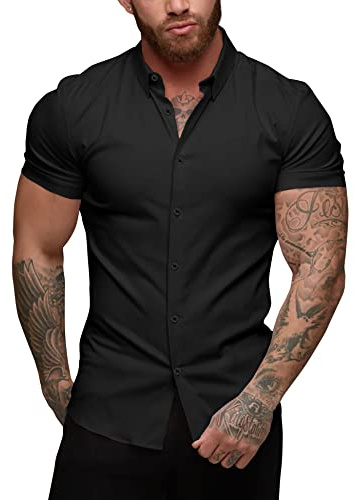 URRU Herren Muskelhemd Slim Fit Stretch Kurzarm Casual Button Down Shirts für Männer