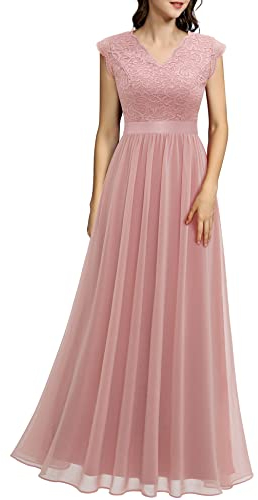 Dressystar Damen Abendkleider Elegant für Hochzeit Brautjungfernkleider Spitze Chiffon Maxi Lang Ballkleider Ärmel Blush XXL