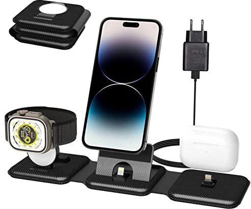 SPGUARD 3 in 1 Faltbar Ladegerät, Tragbare Ladestation für Apple Watch und iPhone 14/13/12/11/Pro/Max/XS/XR/Plus, Kabellose Ladegeräte für Ultra 2/iWatch 9/8/7/6/SE/5/4/3/2,AirPods Pro/2/3 mit Adapter