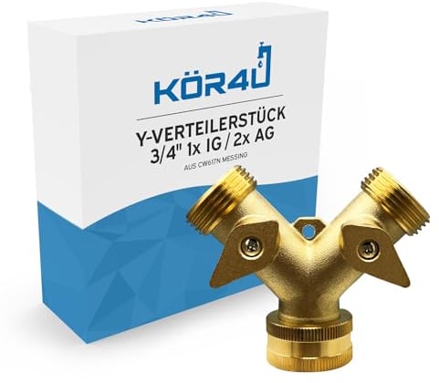 kör4u Y-Verteiler aus Messing mit 3/4 Zoll, 2-Wege-Verteiler für Wasseranschlüsse, Y-Stück, für innen und außen (Absperrhahn)