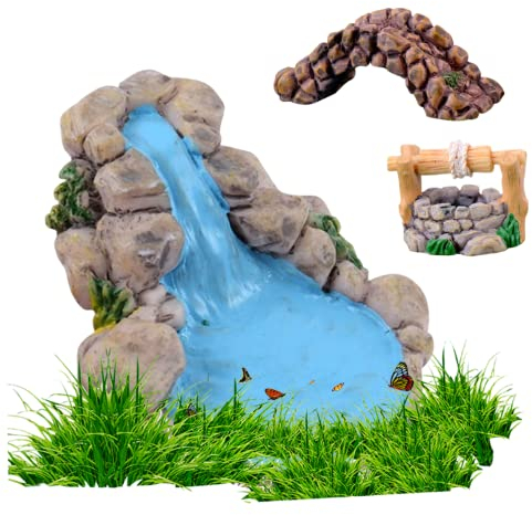 QmjdDymx 3Pack Accessoires pour Jardin de Fées incluant Pont de Jardin de Fées Miniature, Puits d'eau Miniature, Ornements d'étang Miniature, Décor de Jardin de pelouse Mignon en résine
