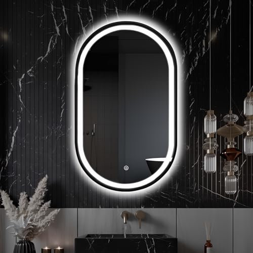 TheiaMo Ovaler LED-Badezimmerspiegel mit Lichtern, 81,3 x 50,8 cm, schwarzer Anti-Beschlag-beleuchteter Kosmetikspiegel, Wandmontage, LED-ovaler Spiegel mit 3 Farben, Speicher, bruchsicher, Front