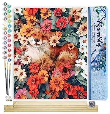 Figured'Art Peinture par Numéro Adulte Petit Renard caché dans Les Fleurs - Activité Manuelle Kit de Loisir Créatif DIY Numéro d'Art Complet - 40x50cm avec châssis en bois à monter