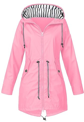 SRZYMJ Regenjacke Damen Wasserdicht Sommer Übergangsjacke Windbreaker Große Größen Winddicht Kapuzenjacke Sport Sommer Herbst Regenmantel mit Kapuze Anzeigen Windjacke Regenparka Rosa XL