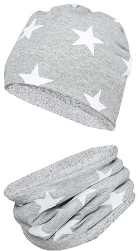 TupTam Mädchen Kinder Beanie Mütze Schlauchschal 2er Set Herbst Winter gefütterte Übergangsmütze mit Loop, Farbe: Wintermütze Teddyfleece - Weiße Sterne Grau Meliert, Hat Size: 50