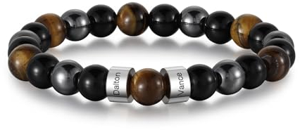 Jewelora Bracelet d'Oeil de Tigre Personnalisé Homme avec Nom - Obsidienne et Pierre de Galle Noire - Cadeaux pour Papas, Maris, Amis (2 Noms)