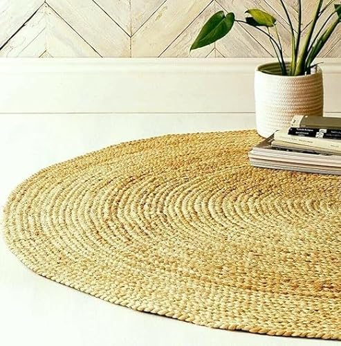 EcoKunst Jute Teppich Rund, Handgewebt 100% Naturfaser, Boho Ethno Muster Modern, Natur Farbe für Wohnzimmer, Schlafzimmer, Flurteppich (250 cm), EKR-J101
