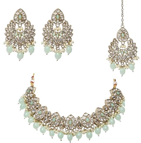 Veritas Commerce Group Beautiful Handcrafted Kundan Jewellery Set in Mint Green, Gold and Silver - Inspired by Indian and Pakistani design