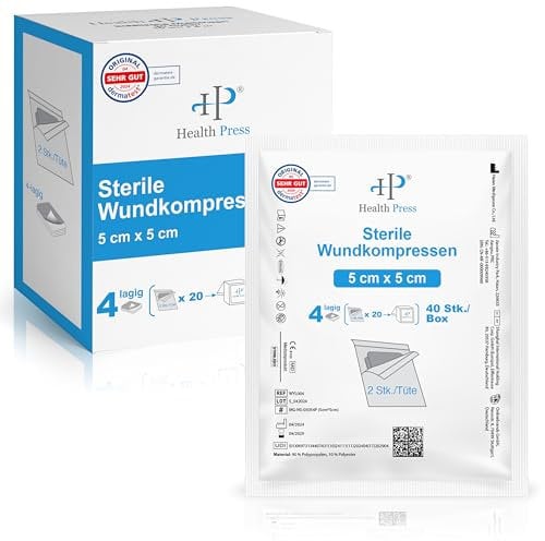 Health Press® Sterile Kompressen 5x5 cm – 40 Wundkompressen im Set (20x2 Stück) – Verbandsmaterial für Wundversorgung – Mullkompressen 4-lagig – Wundauflagen Steril – Verband Dermatologisch Getestet