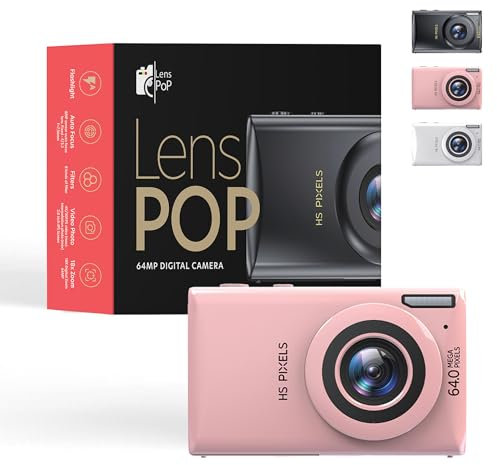 Lenspop 64 MP Digital Compact Camera with Flash, Digital Camera 8MP Sensor with Auto Focus Lens, Fixed - F/3.2 f=7.36mm, 18X Digital Zoom MP3 player 64MP Compact Digital Camera, 128 GB Memory Card