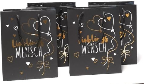 4 Stück Premium Geschenktaschen Schwarz - Gold Lieblingsmensch je 23x18x10 cm Geschenktüte Papiertüte [D813-12]