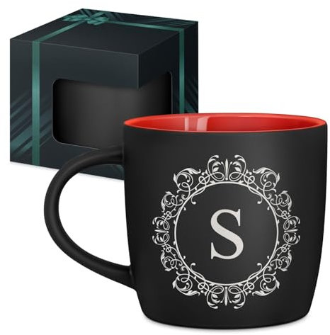 Maverton Tazza da caffè macchiato o tè in ceramica - 400 ml - Incisione personalizzata - Tazze con manico per bevande per Lui - Bicchiere da colazione per compleanno uomo - Interno rosso - iniziale