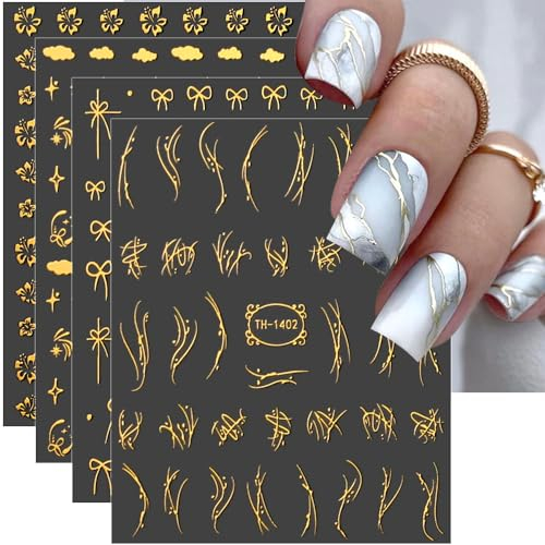 8 Blätter Bronzing Gold Nail Sticker Set 3D Dornen Reben Linien Nagelsticker Blumen Nagelaufkleber Bogen Nagelfolie Selbstklebend Cute Schleife Herz Stern Nageldesign Nail Art Aufkleber Nägel Zubehör