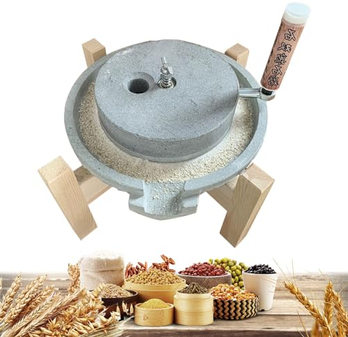MZZKFC Getreidemühle Steinmühle aus natürlichem Granit, Handmühle für Weizen-Muskatnusspaste, Getreidemühle für Pulverisieren von trockenen/nassen Bohnen, klassisches Steinornament mit Holzrahmen