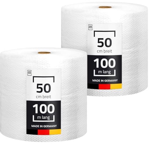 LOGIC PACK Luftpolsterfolie Rolle 100m x 50cm, 50my 2-lagig - Bubble Wrap Verpackungsmaterial für Umzug, Versand, Verpackung, Premium Starke Noppenfolie Polstermaterial 100% recycelbar LPF 2 Rollen
