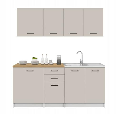 Laclar Küchenmöbel-Set Kaschmir 180 cm mit Arbeitsplatten Eiche Stein - fertige Küchenschränke - untere und obere Schränke - 2 Küchenarbeitsplatten - Möbel zur Selbstmontage