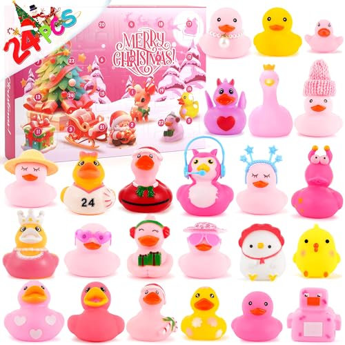MEIGBFR Adventskalender 2024 Kinder, Weihnachtskalender Ente Rosa Badespielzeug Rubber Duck, Adventskalender für Mädchen Alter 3+Spielzeug