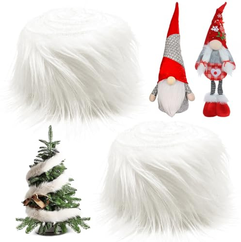 Kunstfell Zum Basteln, 5x150cm Kunstfell Band Kunstpelz Fellstoff, Kunstleder Plüschstoff Weiß Wichtel Bart Zwergenbart, Langhaarplüsch Craft DIY Weihnachts Dekoband Kunstpelzstoff, 2pcs