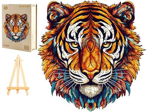 PASJO - Holzpuzzle Erwachsene mit Tigermotiv 300 Teile 35,5X34,6 cm - Geschenkidee für Kinder - Holz Puzzle Tiger - Einzigartige Tierförmige Holz-Puzzle - Creative Jigsaw aus Holz für Erwachsene