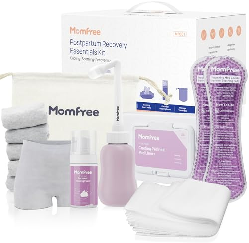 Postpartum Essentials Recovery Kit: Labor Delivery Post Partum 13 PCS Recovery Mom Care Set - Upside Down Peri Bottle | XL Disposable Underwear | Soothing Pads | Perineal Healing Foam | Canvas Bag