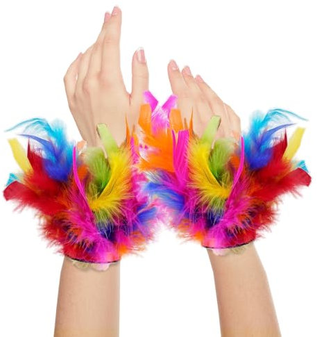 Dmnnlp Feder Manschetten, Federn Bunt Manschetten, Karneval Regenbogen Kostüm Accessoires, Bunte Federstulpen für LGBTQ Pride Karneval Halloween Cosplay Party Kostüm Accessoire