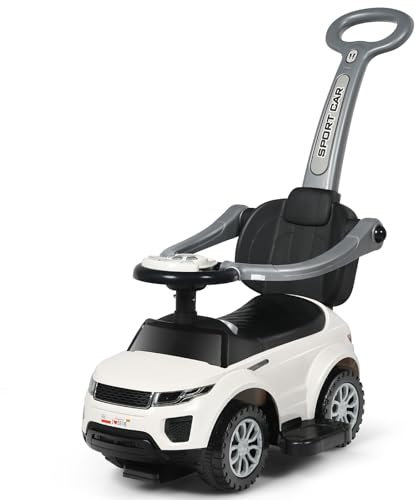 GOPLUS 3 in 1 Kinder Rutschauto, Schiebeauto mit Versteckter Stauraum, Musik, Hupen & Rädern, Kinderauto mit Abnehmbarer Schiebgriff & Schutzbügel für Kinder 1-3 Jahre (Weiß)
