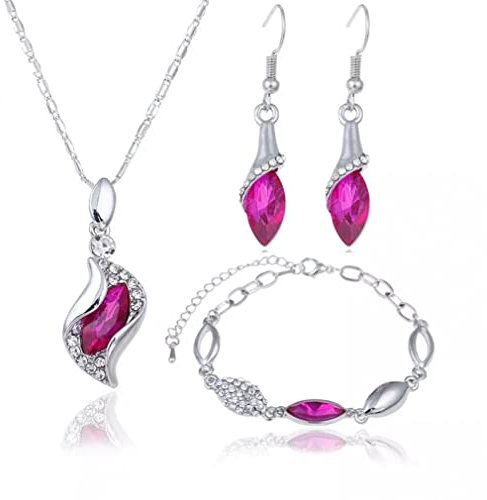 OJIJO Collar, conjunto de joyas de plata de ley 925 color fucsia, pendientes, collar y pulsera con circonitas