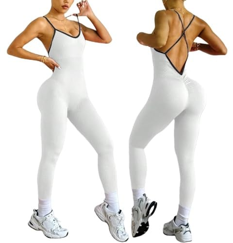 XDSP Damen Sport Jumpsuit Eng Yoga Rückenfreie Padded Overall Bodysuit Hohe Taille Ärmellos Sportkleidung Scrunch Butt Elegant Ganzkörperanzug Sexy Stretch Yoga Slim Fit Einteiler Romper
