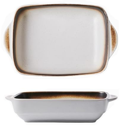 Dxcaicc Platos Rectangulares De Cerámica para Hornear Plato De Lasaña Vajilla Japonesa Sartén para Asar Queso Filete De Pollo Creativo Al Horno Arroz Bandeja De Doble Asa,C White Brown