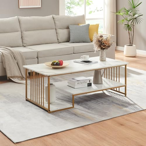 [en.casa] Couchtisch Klibro Sofatisch mit 2 Ablagen Wohnzimmer 120 x 60 x 42 cm eckig Metallgestell Marmoroptik, weiß/Goldfarben