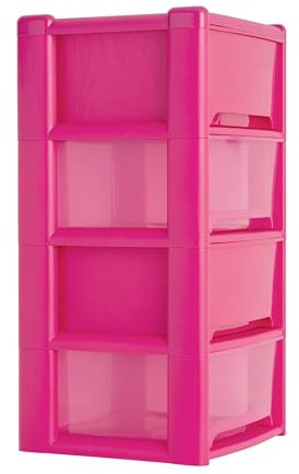 Large 4 Drawer Storage Tower Unit Chest Plastic Office Home School Organiser (Pink)