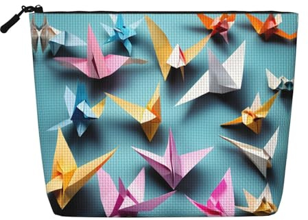Trousse de maquillage – Hawaï rose imprimé fleurs faux chanvre organisateur de toilette de voyage, un paquet pour plusieurs utilisations, rangement quotidien, Grues en papier origami, Taille unique
