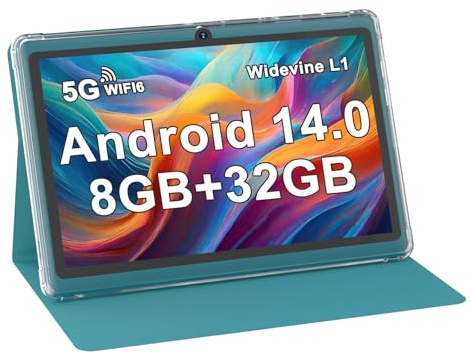 ZZB Tablet Android 14 de 7 pulgadas, 8 GB de RAM (4 GB ampliables), 32 GB ROM, compatible con MicroSD de 1 TB, Widevine L1, tableta de doble cámara 5G WiFi-6 Android con funda, tabletas de 7 pulgadas