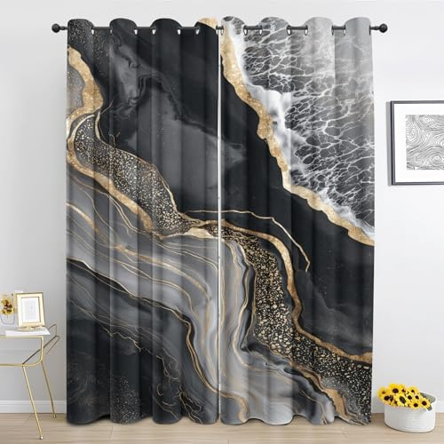 Schwarz Gold Marmor Vorhang, Abstrakt Farbverlauf Flüssige Blickdicht Gardinen für Wohnzimmer Schlafzimmer, Marmorstruktur Vorhänge mit Ösen Verdunklungsvorhänge - Deko Vorhänge 2er Set 170x200 cm