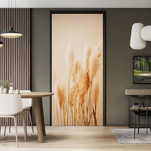 Autocollant Porte 95 x 215 cm Poster de Porte Stickers Muraux, Nature Plantes Herbe De La Pampa Photographie Beige - pour Décoration Mur Salon Cuisine Chambre Salle de Bain Papier