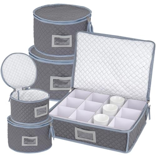 Sibosen 5 PCS China Storage Containers Stackable Dinner Plate Storage Box with Felt Dividers Lid Zipper Soft Shell Dish Case for Dinnerware Mugs Glasses China Storage for Moving Packing
