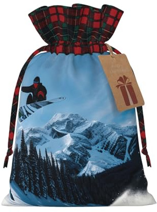 Geschenktüte mit Snowboard-Aufdruck, Weihnachtsmotiv, mit Kordelzug, wiederverwendbar, für weihnachtliche Anlässe